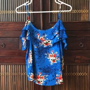 Bright Blue Flower Patterned Blouse with Ruffle